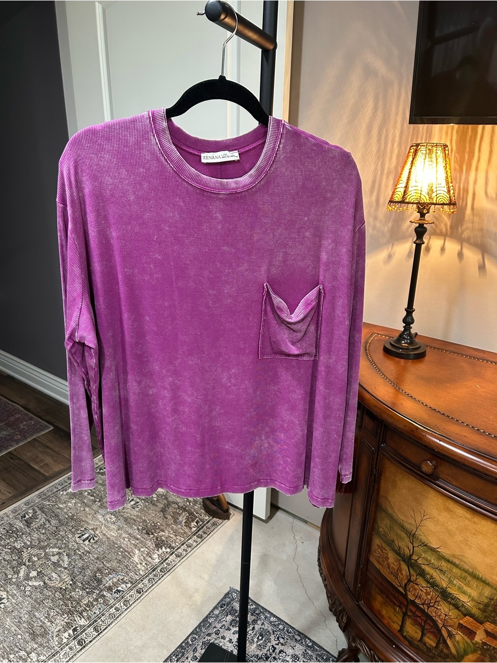 Zenana Outfitters Washed Magenta Long Sleeve Pocket Tee